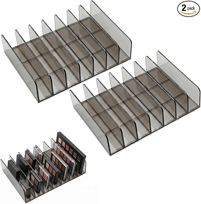 2 Pack Makeup Palette Organizer, 7-Slot Acrylic Eyeshadow Palette Organizer for Drawer or Vanity, Smoky Gray Cosmetic Holder for Palettes, Lipsticks & Compacts