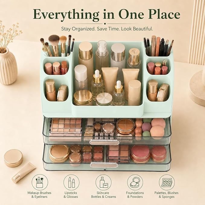 Makeup Organizer with 2 Drawers, Cosmetic Display Case, Storage Holder for Vanity, Bathroom Counter, Desk, Beauty Supplies (Green)