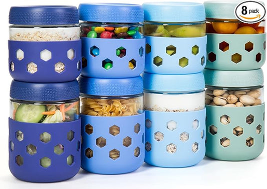 Gemice 8-Pack 16 oz & 10 oz Glass Mason Jars with Silicone Sleeves, Airtight BPA-Free Overnight Oats Containers with Lids, Dishwasher Safe Leak-Proof Meal Prep Jars for Chia Pudding, Yogurt, Snacks