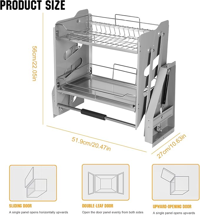 2-Tier Pull-down Storage Lift Cabinet Wall Cupboard Lifting Basket 304 Stainless Steel 22-34 Inch Width for Snacks Bowls Plate (600)