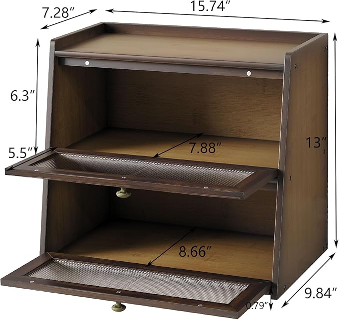 Double Layer Large Bamboo Bread Box for Kitchen Counter, Wooden Large Capacity Bread Storage Bin with Window Bread Holder (Brown)