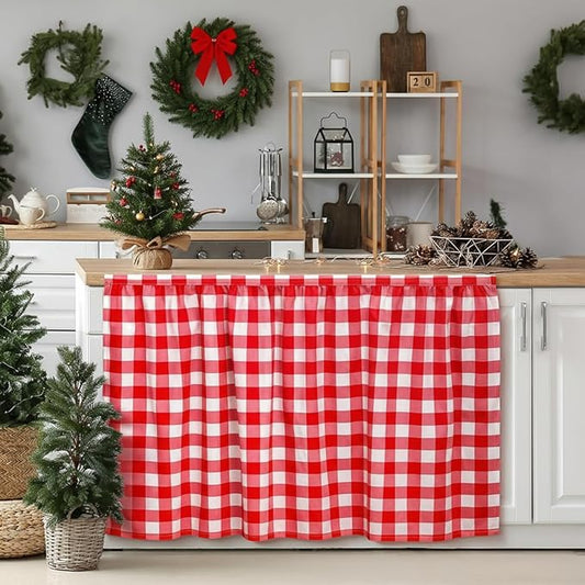Cabinet Curtains 51 x 28 Inch Red and White Sink Skirt for Bathroom Kitchen Home Diamond Stitch Self Stick Adhesive Waterproof Fabric Farmhouse Rustic Drape Under Desk Privacy Drape Laundry Room