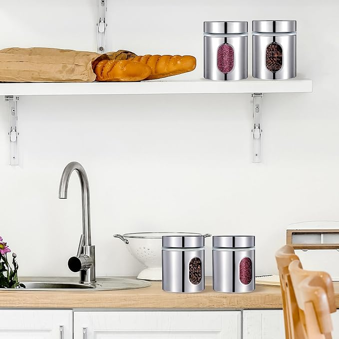 4 Pieces Kitchen Canisters Set 20 oz Stainless Steel Glass Canisters Airtight Coffee Sugar Tea Candy Jars Food Storage Container with Lid for Flour Cookies Spices Grains Kitchen Baking Home Decoration