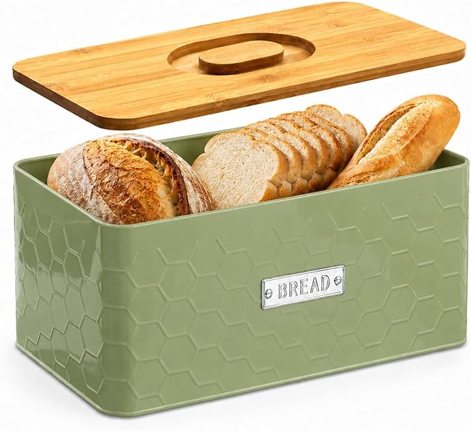 vensovo Bread Box for Countertop – Large Green Metal Bread Bin with Bamboo Cutting Board Lid, Farmhouse Bread Storage Container for Homemade Bread, Baked Goods & Kitchen Counter Organization