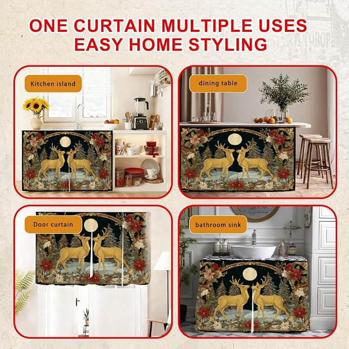 Self Adhesive Golden Deer & Full Moon Cabinet Curtain for Mother's Day, 39x28 Inch Celestial Forest Under Sink Skirt No Drill, Spring Cleaning Kitchen Decor, Hook and Loop Laundry Valance