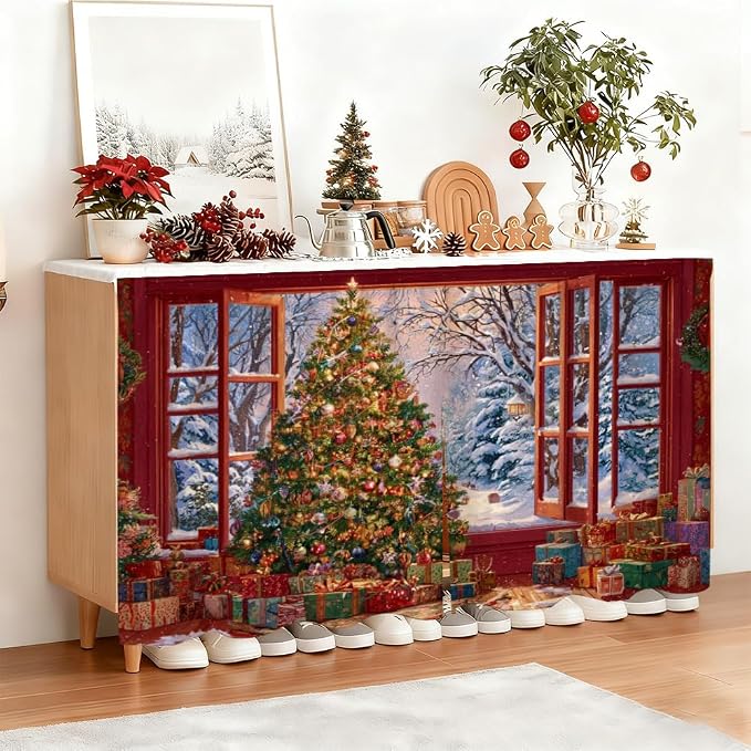 Self Adhesive Open Window View Cabinet Curtain for Mother's Day, 39x28 Inch Festive Tree Under Sink Skirt No Drill, Spring Cleaning Kitchen Decor, Hook and Loop Laundry Valance