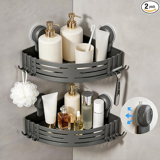 Lekesky Corner Shower Caddy Suction Cups, No Drilling Bathroom Shower Shelf | Aluminum, Rustproof, Suction Cup Can Remove and Reposition, Can hold up to 22 pounds, Also Can hold large shampoo bottles