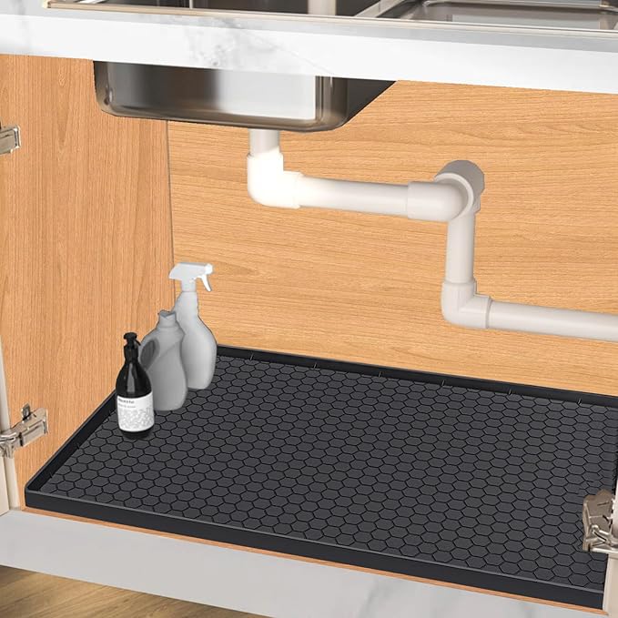 Under Sink Mat 25 x 22 for Kitchen Waterproof, Silicone Under Kitchen Sink Liner Mat, Easy to Clean Bathroom Cabinet Mat Organizers and Storage, Black