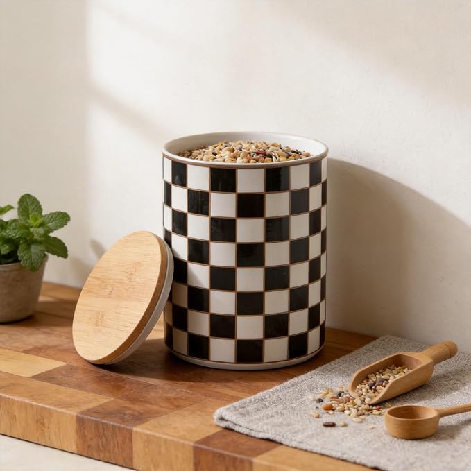 Kitchen Countertop Ceramic Checkered Canisters,Black And White Food Storage Containers With Lid,Airtight Kitchen Canisters for Flour, Sugar, Coffee, Tea, and Dry Goods (Black, XL)
