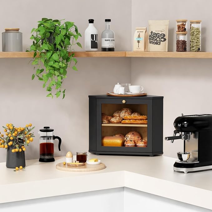 Goozii Corner Bread Box for Kitchen Countertop, Black Bread Storage Container for Homemade Bread, Two Layer Breadbox under Cabinet Mount, Large Bread Holder for Kitchen Counter, Pantry Shelf