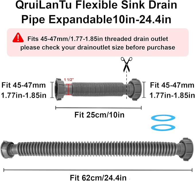 1-1/2" Flexible Sink Drain Pipe, Expandable Drain Hose, Adjustable Under Sink Drain Extension Tube 10" to 24.4", Thickened PP Sink Drain Replacement Hose for Kitchen Bathroom RV Sink, 1 Pack