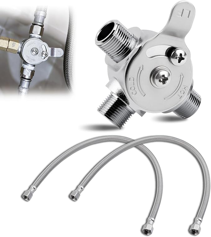 3/8" Manual Mixing Valve Hot Cold Water Temperature, Brass Water Mixing Valve with 2 Braided Faucet Connector, for Home and Bathroom Below Deck to Adjust Water Temperature