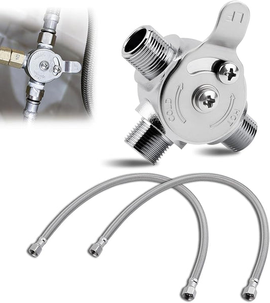 3/8" Manual Mixing Valve Hot Cold Water Temperature, Brass Water Mixing Valve with 2 Braided Faucet Connector, for Home and Bathroom Below Deck to Adjust Water Temperature
