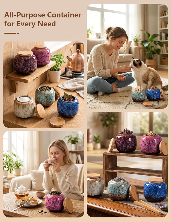 Simcat Ceramic Storage Jars, Exquisite Glaze Food Canisters for Kitchen Spice Storage, Tea Caddy Storage, Coffee Jar, Condiment Jar with Seald Lid (Rose wine)