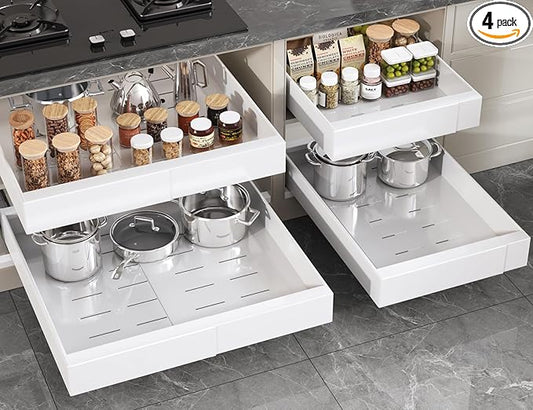 Seinloes 4 Pack Pull Out Cabinet Organizer 22" Deep,Full Extension 3 Slide Rails Slide Out Drawers With Raising Pad for Framed Cabinets,Expandable Width (12.3"-20.5"),No Drill Roll Out shelf,White
