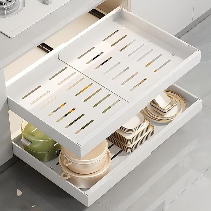 1Pack Expandable Pull Out Drawers for Cabinets 21” Deep, Adjustable Width 12.6" - 20.5" Pull Out Cabinet Organizer, Slide Out Drawers for Kitchen Cabinets, Pull Out Shelves Adhesive with Nano Tape