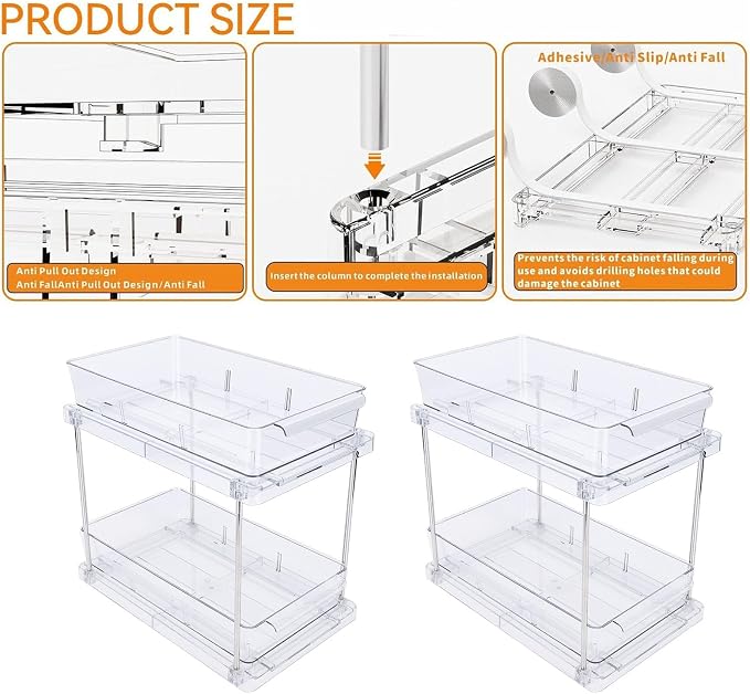 Pull Out Cabinet Organizer Drawers, 2 Tier Vertical Sliding Kitchen Rack with Clear Storage Bins for Seasonings, Easy Install No Drill Adhesive Under Counter Bathro