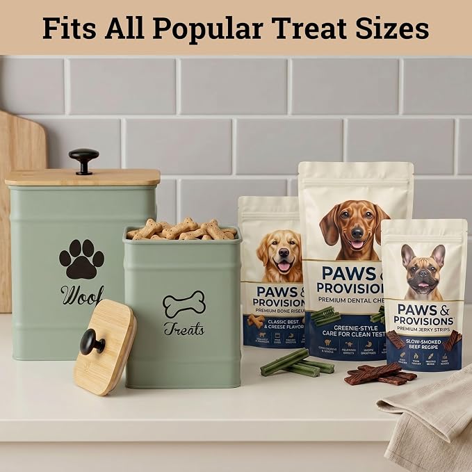 Dog Treat Container Airtight Set of 2 - 8x6 & 7x5 inch Iron Dog Treat Jars for Kitchen Counter with Airtight Bamboo Lids - 20 Cup Capacity Pet Treat Container Set - Doggie Cookie Jar - Treats Canister