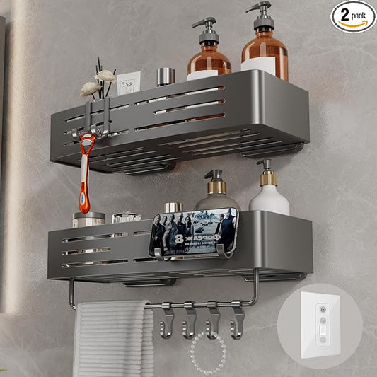 Voldra Adhesive Shower Caddy, 2 Pack Shower Shelves for Inside Shower No Drilling, Aluminum Stick On Showers Organizer with Towel Bar & Hooks Removable Bathroom Shelf Storage Rack(Gray)