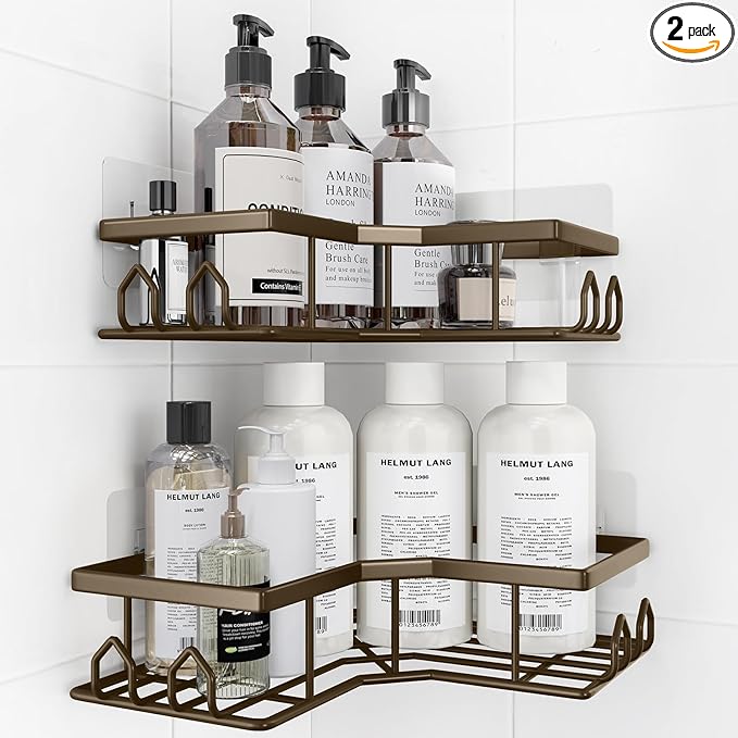 Adhesive Shower Caddy, 2 Pack Corner Bath Organizer, Rustproof Stainless Steel Shower Shelves with Large Capacity, No Drilling Shelves for Bathroom Storage, Home, Kitchen Decor (Brown).