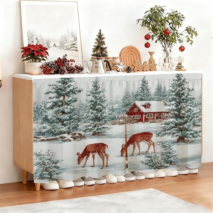 Self Adhesive Forest Deer & Red Cabin Cabinet Curtain for Mother's Day, 39x28 Inch Nature Scenery Under Sink Skirt No Drill, Spring Cleaning Kitchen Decor, Hook and Loop Laundry Valance