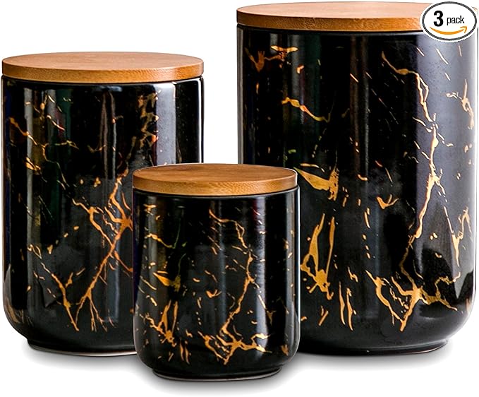 Ceramic Canister Set of 3 for Kitchen Countertop Storage, Black Food Storage Containers Jars with Airtight Wood Lids for Flour, Sugar, Coffee, Tea & Spices, Modern Countertop Decor