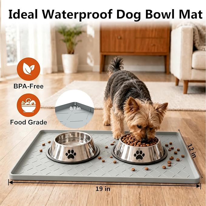 MateeyLife Silicone Mat Waterproof 12"X19", Ideal for Dog and Cat Food Mat, Dog Bowl Mats for Food and Water, Pet Placemat with Lip for Messy Drinkers to Protect Floor, Light Grey