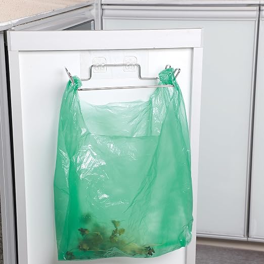 2 Pcs Stainless Steel Trash Bag Holder for Kitchen Cabinets Doors and Cupboards, Under Sink Bag Hanger, Portable Trash can, Waste Bins, Wall Adhesive Hanging Garbage Bins, With Wall Sticker Base