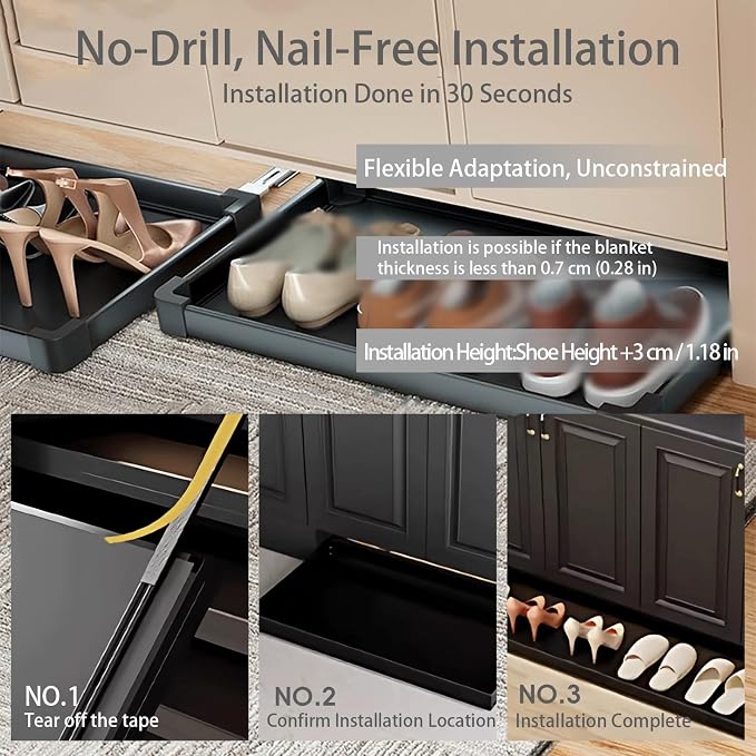 No-Drill Pull Out Drawer Shoe Rack Organizer,Damped Slide Rails Adjustable Width16-34 Inch, Push to Open Toe-Kick Shoe Rack for Cabinet Bottom(Black,20.1 * 12.2in)