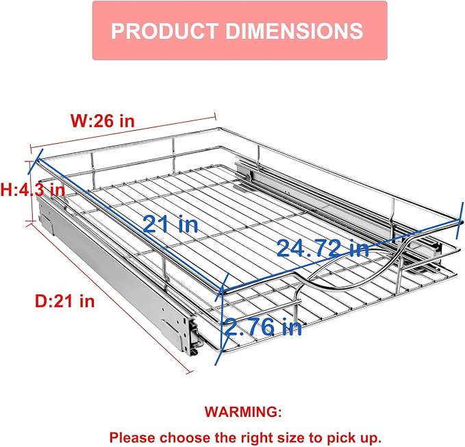 Sikarou Pull Out Cabinet Organizer 26" W x 21" D, Heavy Duty Kitchen Cabinet Pull Out Shelves, Slide Out Wire Basket for Kitchen Cabinets, Bathroom, Pantry, Chrome Finish