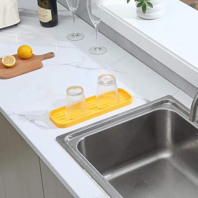 MicoYang Silicone Kitchen Sink Organizer Tray for Multiple Usage,Easy Clean,Eco-Friendly Sponges Holder for Kitchen Bathroom Counter or Sink,Dish Soap Dispenser,Scrubber,Bottle,Cup Yellow 12" x 4”