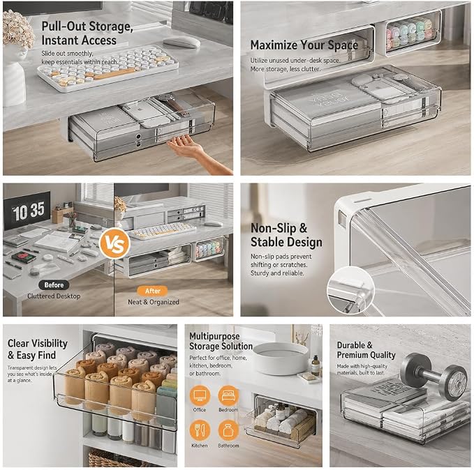 Under Desk Drawer Organizer, Hidden Pull-Out Storage with Large Capacity, Adhesive No Drill Under Desk Drawer for Office Desk Organization,XL