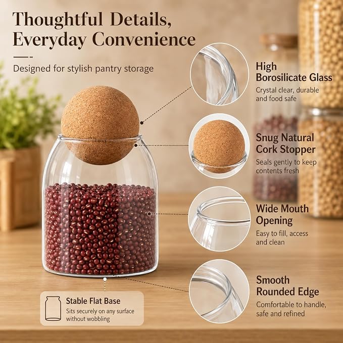 RHBLME 3 Pack Glass Storage Containers with Ball Cork, 17 Oz/500ML Glass Jar with Cork Lid, Round Cork Glass Bottle, Small Candy Jar with Wood Ball Lid for Food, Coffee, Sugar, Spice, Tea, etc