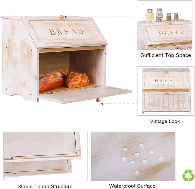 HOMEKOKO Vintage Double Layer Large Bread Box for Kitchen Counter, Retro Design Wooden Large Capacity Bread Storage Bin (White)