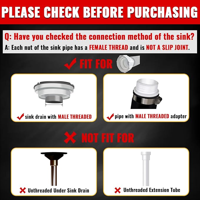 VIVIDA 1-1/2" Sink Drain Pipe Kit, Flexible Drain Pipe P Trap, 7.5"-17.7" Flexible P Trap, Under Sink Plumbing for Bathroom & Kitchen, 1-1/4" Adapter Included, 1 PACK