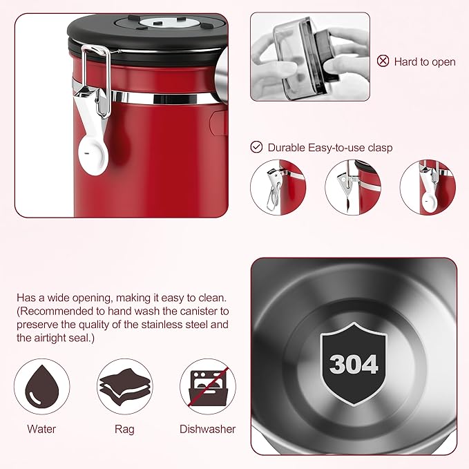 ShanSon Coffee Canister Airtight, Stainless Steel Bean Storage Container with Date Tracker & Scoop, Grounds Sugar Flour Tea Cereal Fits Kitchen Pantry, Ideal Gift for Coffee Lovers,22oz,Red