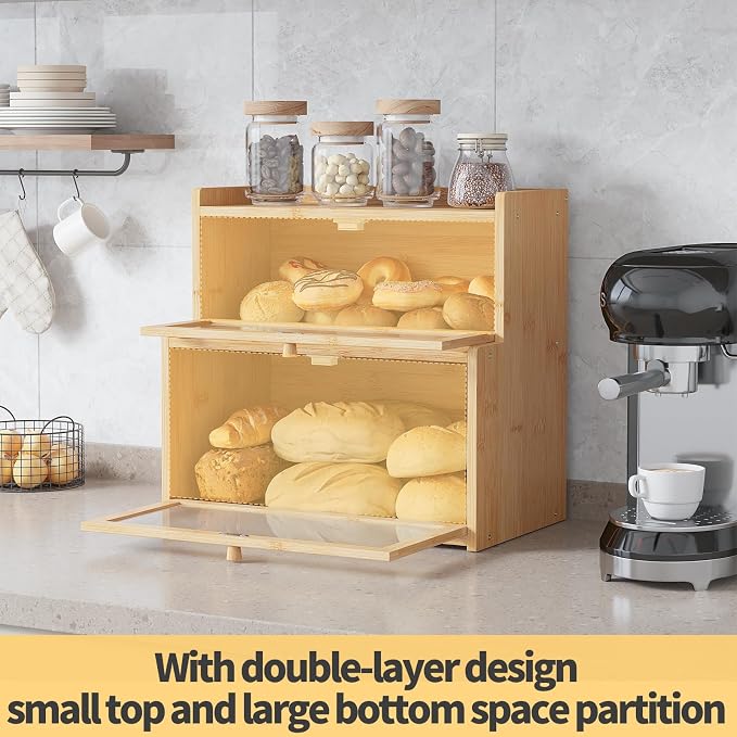 Double Layer Bamboo Bread Box for Kitchen Counter,Bread Holder,Countertop Bread Storage with Window (Natural)