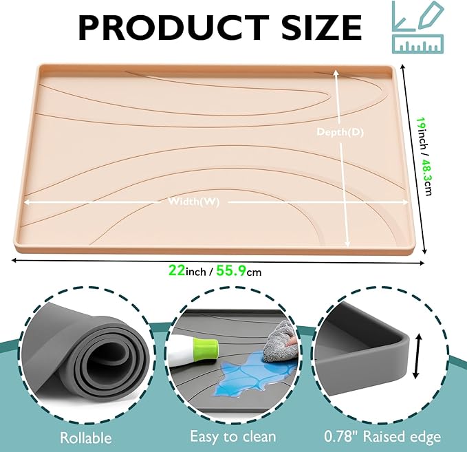 Under Sink Mat 22" x 19", Silicone Under Sink Liner for Kitchen and Bathroom, Waterproof Cabinet Protector Drip Tray, Protects Cabinets from Leaks and Spills