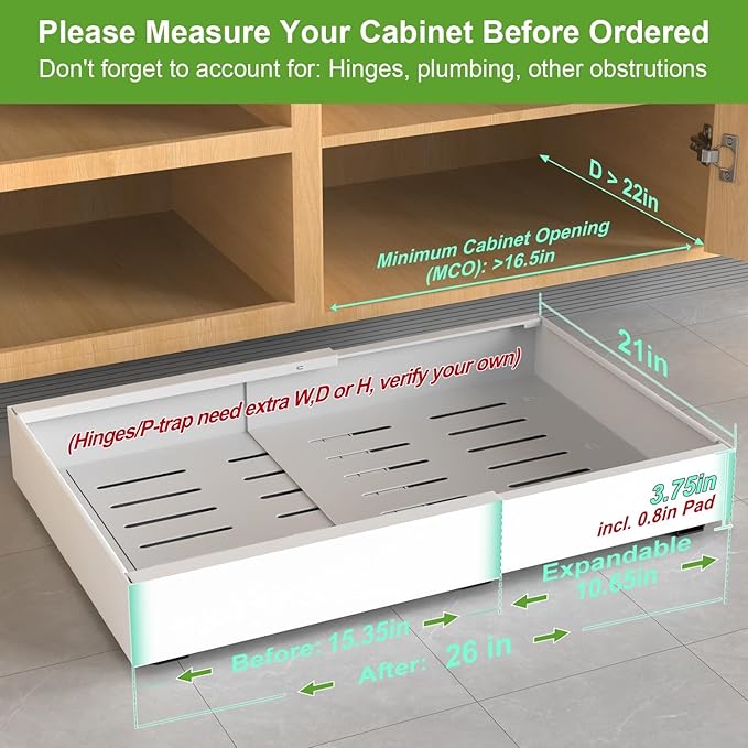ANTOWIN 2-Pack Expandable Pull Out Cabinet Organizer 21" Deep(15.3"-26" W), 3 Full Extension Glides Slide Out Drawers, Roll Out Shelves Adhesive Raising Pad,Compatible Framed Cabinets,90lb Cap,White