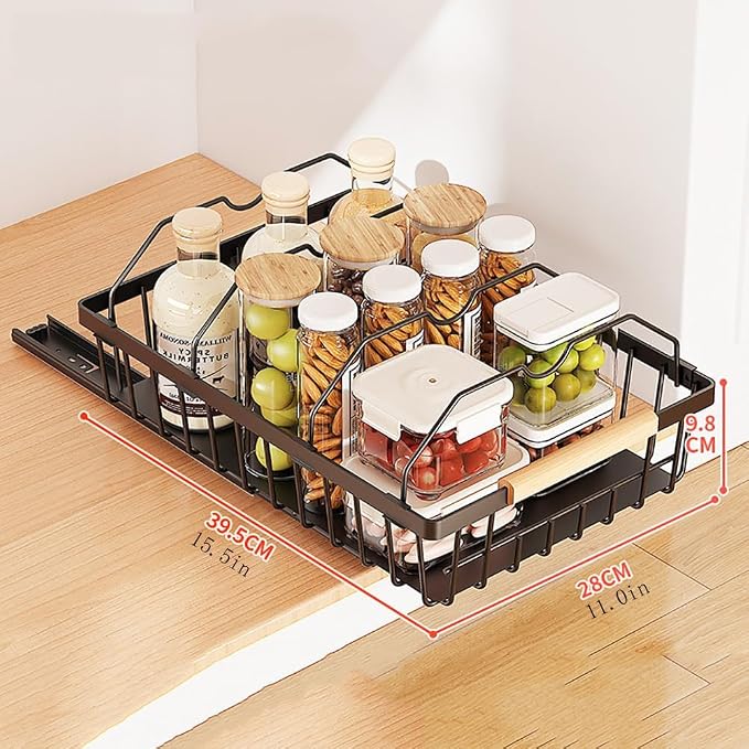 Pull Out Cabinet Organizer, No Drill Sliding Drawer Shelf for Kitchen & Bathroom | Heavy Duty Roll Out Storage Basket with Silent Damping Rails, Spill-Proof Design - F