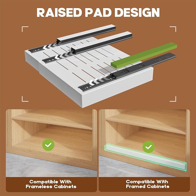 Seinloes 2 Pack 21" Deep Pull Out Cabinet Organizer Expandable（Width 15.1"-26.3"）+4 Pack Slide Out Drawers With Raising Pad for Framed Cabinets,Adjustable Width 9"-14" White
