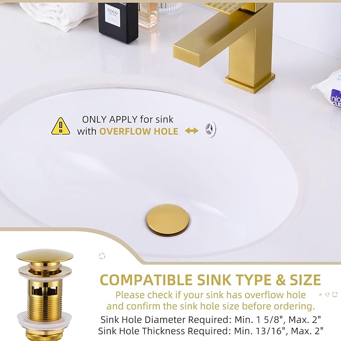 Angle Simple Bathroom Sink Drain Stopper Glossy Deep Titanium Gold Color, Brass Pop Up Sink Stopper with Overflow Hole for Sink with 1.61 to 2 Inches Drain Hole