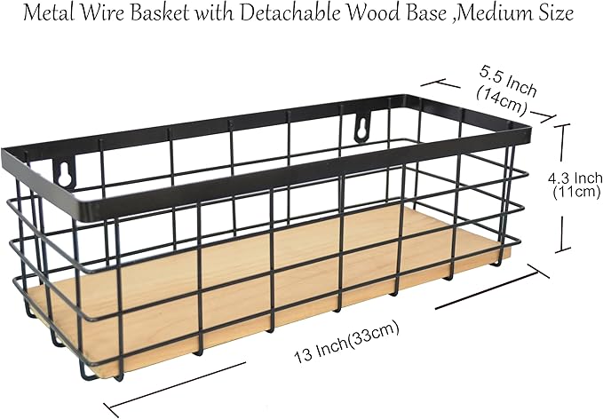 ShabbyDecor Metal Wire Basket Detachable Wood Base Storage Organizer Farmhouse Hanging Basket for Kitchen Cabinets, Bathroom, Pantry, Laundry Room,1 Pack in Black Color,Medium Size