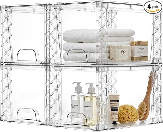 Bathroom Organizers and Storage Boxes 4pack, 7in Stackable Storage Drawers Plastic Simply Assembled Containers Bins Suitable for Cosmetics, Bathroom, Kitchen, Cabinets, and Snack Storage Boxes