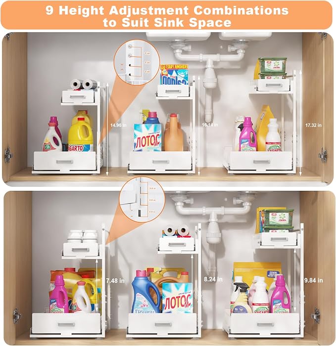 Under Sink Organizer, 2 Tier Slide Out Cabinet Organizer with Pulley, Height Adjustable Pull Out Shelf for Kitchen, Bathroom, Laundry and Utility Storage, White, 1 Pack