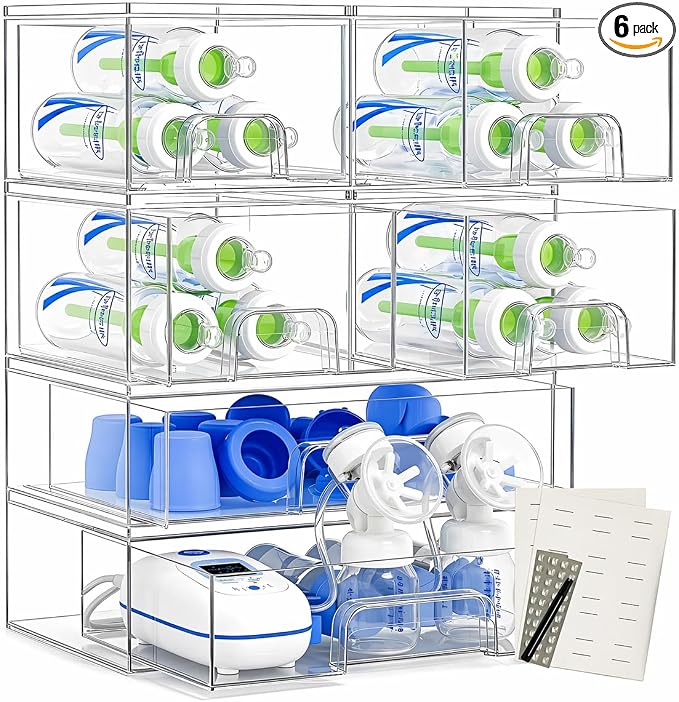 Clear Baby Bottle Organizer For Cabinet, Storage Bins with Pull-Out Drawers, 6-Pack Organizer Set with Labels, Premium PET Plastic Storage Organizer for Pantry, Bathroom, Vanity, Countertop