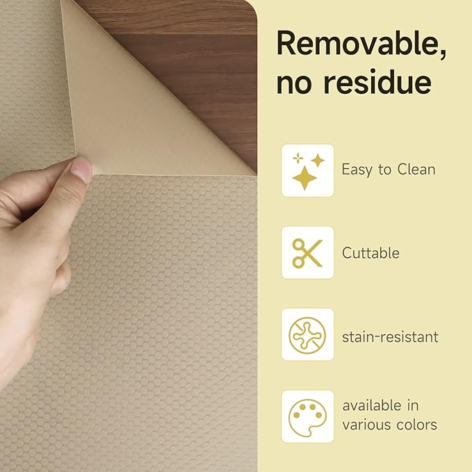 WochiTV Adhesive Shelf Liner 11.8 X 360 Inches Peel and Stick Kitchen Liner for Cabinets, Drawers Removable Protector Mat Waterproof Contact Covering for Dresser Pantry Countertops Shelves, Khaki