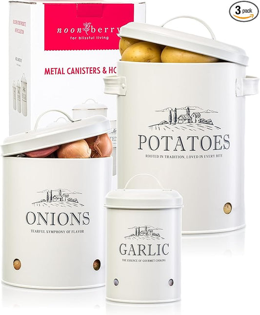 noonberry Potato and Onion Storage Bin Set – 3-Piece Ventilated Potato Storage Bin, Onion Storage Container and Garlic Container – Cream-White Magnolia Finish