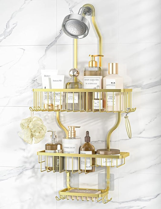 YASONIC Never Rust Shower Caddy Hanging, Aluminum Shower Racks for Inside Shower, 3-Tier Shower Organizer Hanging Over Shower Head with Hooks and Soap Holder, Gold