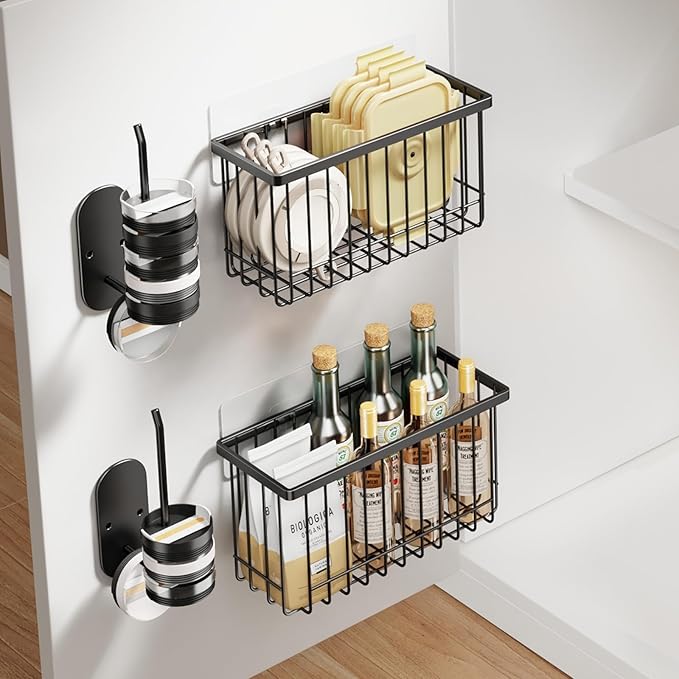 Mustorn 4 Pack Adhesive Cabinet Door Organizer, Lid Organizers Inside Cabinet Food Container/Tumbler Lid Organizer and Storage Cup Lids Holder for Kitchen & Bathroom Wall Mounted(Black)